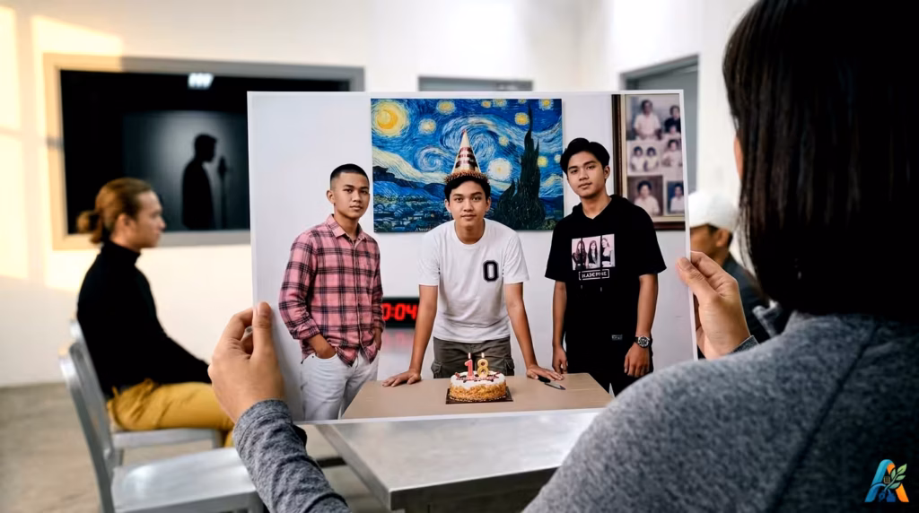 Wanita dari belakang memegang foto tiga remaja merayakan ulang tahun ke-18 di ruang interogasi.