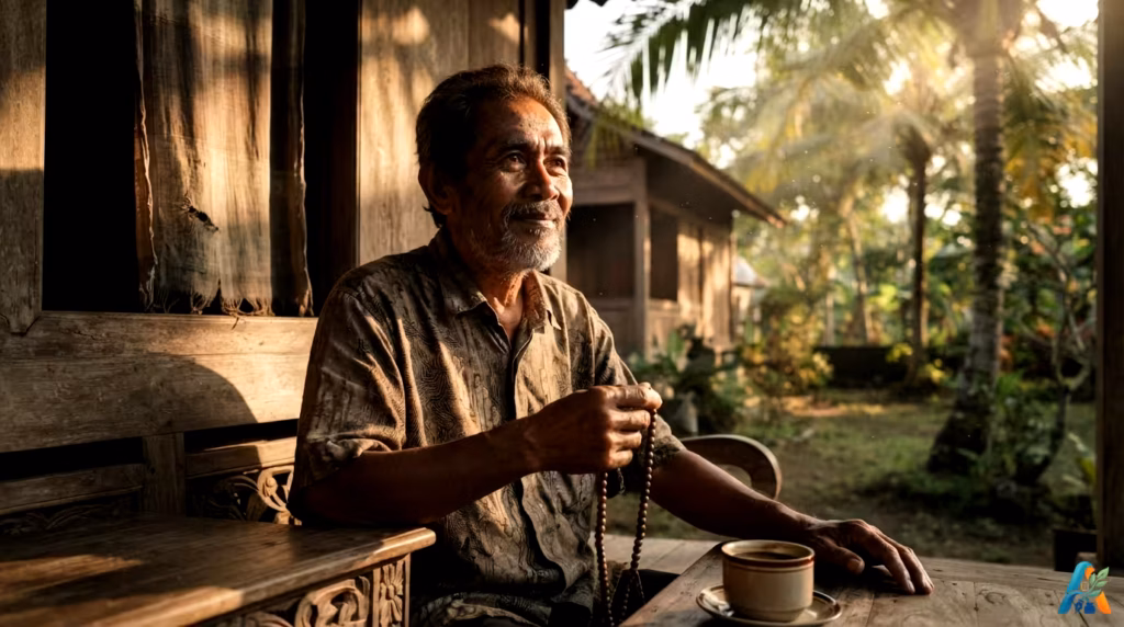 Potret seorang kakek Indonesia tersenyum sambil memegang tasbih dan minum kopi di halaman rumah kayu tradisional Bali saat matahari terbenam.