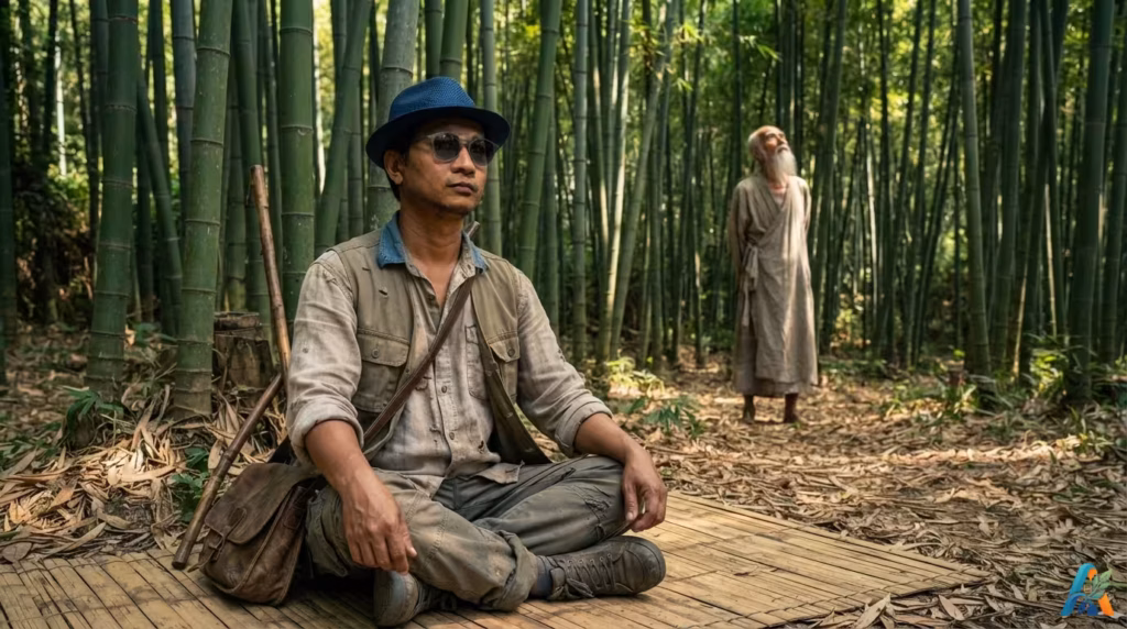 Seorang pria memakai fedora dan kacamata hitam duduk bermeditasi di hutan bambu, ditemani seorang pria tua berjenggot di latar belakang.