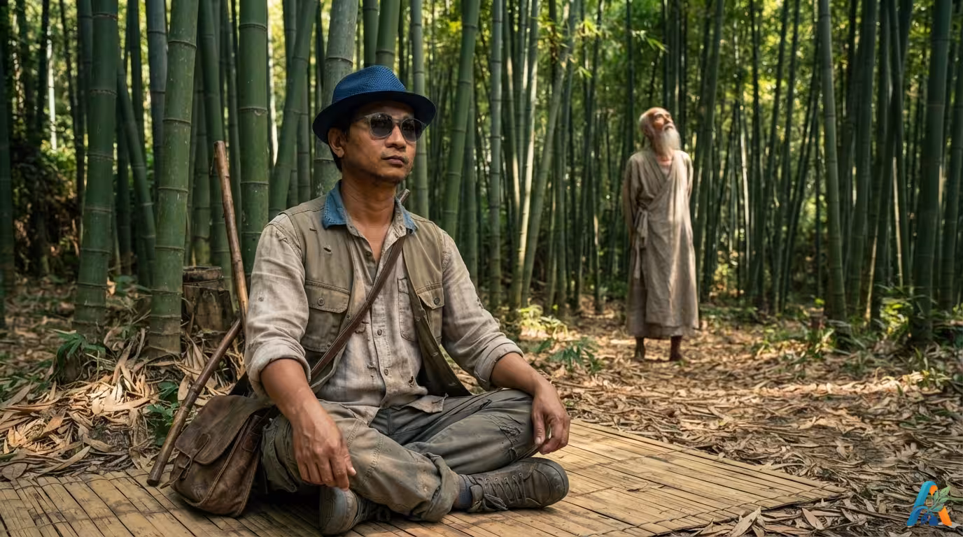 Seorang pria memakai fedora dan kacamata hitam duduk bermeditasi di hutan bambu, ditemani seorang pria tua berjenggot di latar belakang.