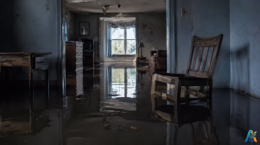 Foto rumah kebanjiran dengan air menggenang tinggi di dalam ruangan, merendam kursi kayu dan perabotan.