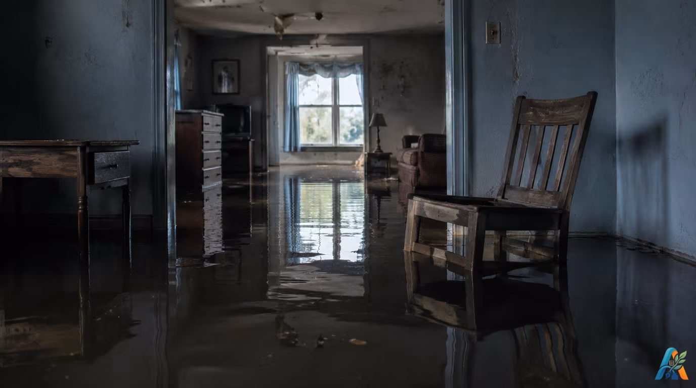 Foto rumah kebanjiran dengan air menggenang tinggi di dalam ruangan, merendam kursi kayu dan perabotan.