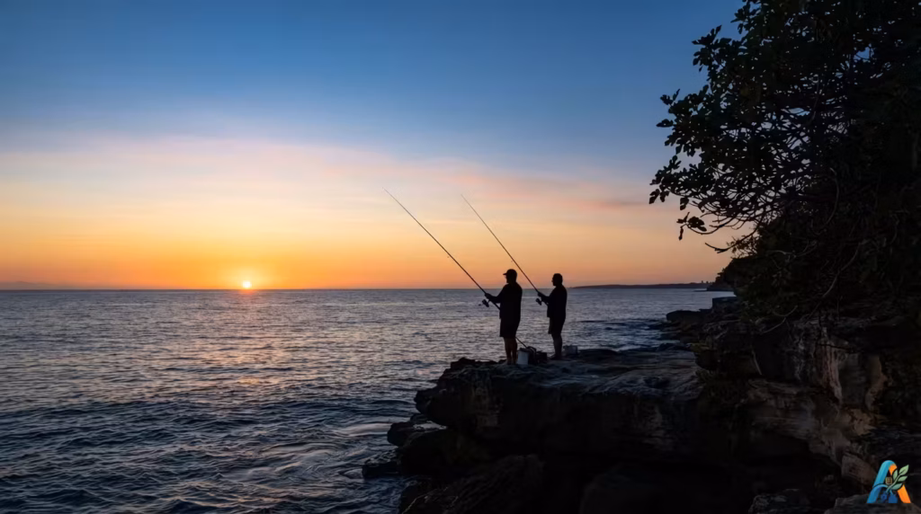 Siluet dua orang sedang memancing di atas tebing berbatu saat matahari terbenam dengan pemandangan laut yang tenang.