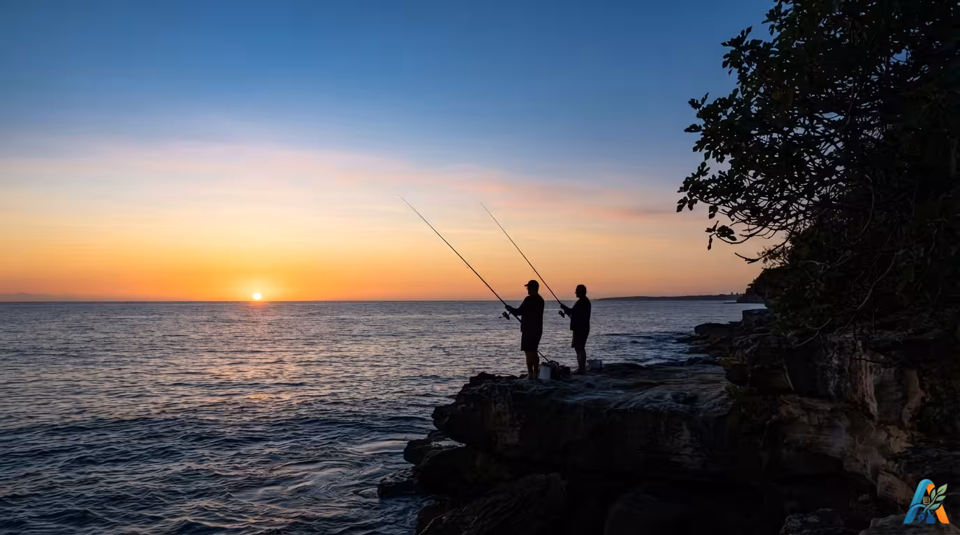 Siluet dua orang sedang memancing di atas tebing berbatu saat matahari terbenam dengan pemandangan laut yang tenang.