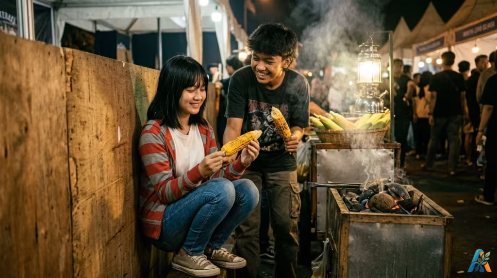 Titin berjaket garis merah-abu dan Tomi memegang jagung bakar dekat lampu petromaks pameran malam di Merauke tahun 1990-an.