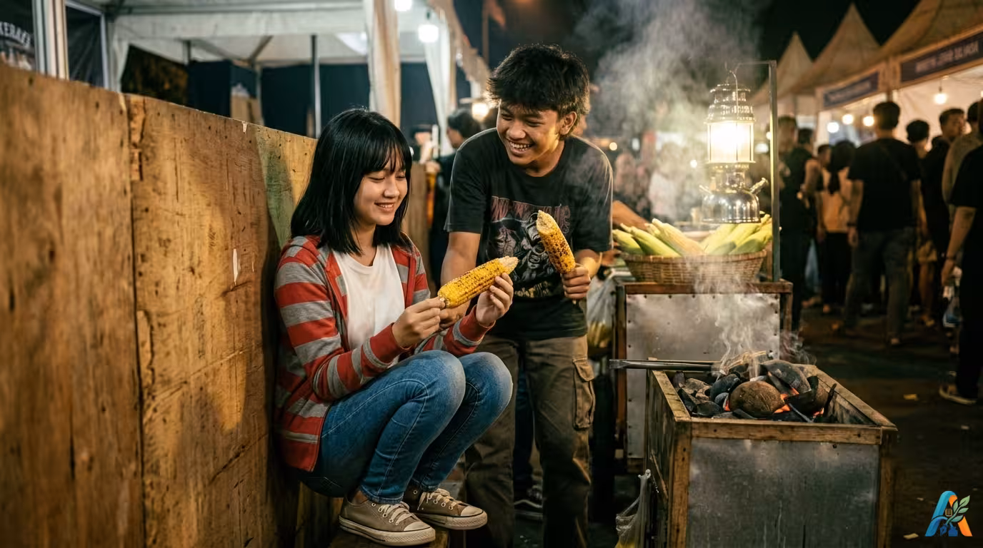 Titin berjaket garis merah-abu dan Tomi memegang jagung bakar dekat lampu petromaks pameran malam di Merauke tahun 1990-an.