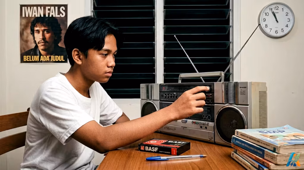 Tomi berkaus putih sedang memutar tombol radio kaset boombox besar di atas meja kayu dengan latar belakang poster Iwan Fals