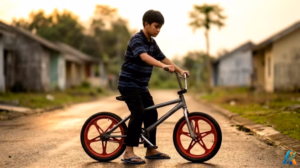 Tomi dengan kaos bergaris duduk di atas sepeda BMX hitam arang dengan roda palang merah di jalan desa saat matahari terbenam.