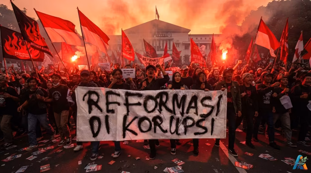 Ribuan demonstran Indonesia penuhi jalan saat senja, kibarkan bendera merah putih dan bawa spanduk "REFORMASI DI KORUPSI".