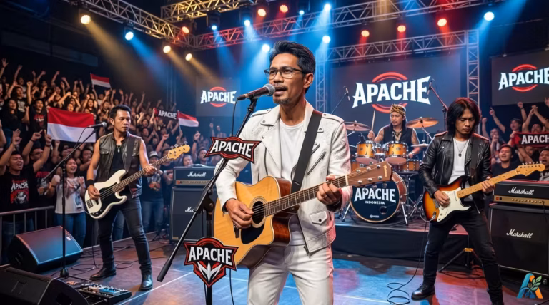 Vokalis band "Apache" bernyanyi di panggung mengenakan jaket kulit putih, celana putih, dan kacamata dengan full band dan penonton ramai