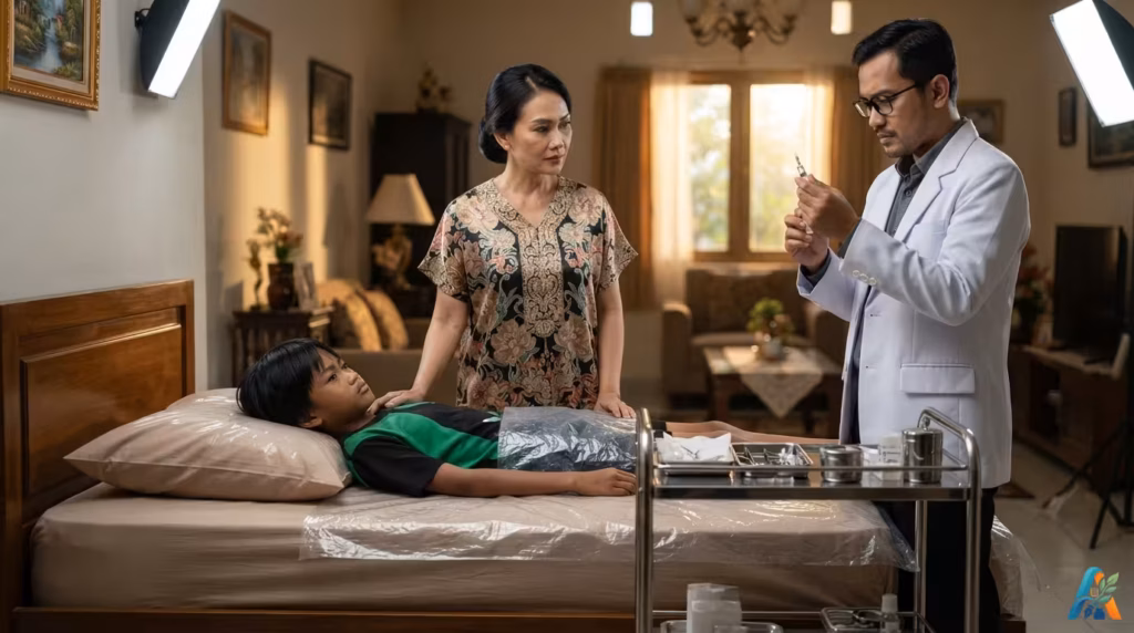 Dokter bersiap menyuntik anak laki-laki di rumah, didampingi ibunya.