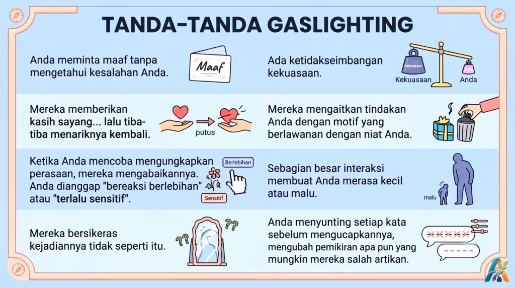 "TANDA-TANDA GASLIGHTING" dalam bahasa Indonesia, menampilkan 8 poin dengan ikon yang jelas dan border dekoratif.