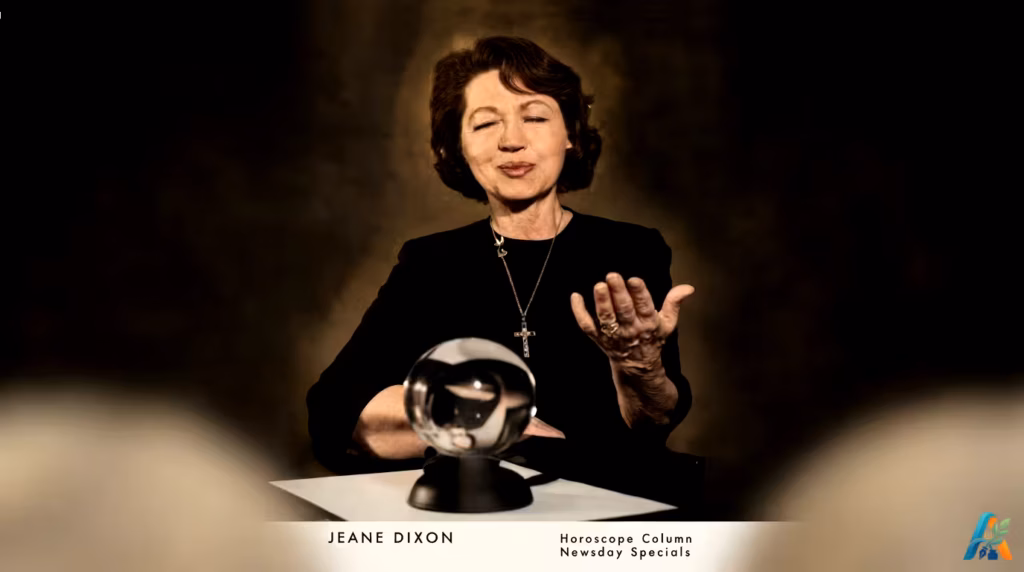 Jeane Dixon bermata tertutup, tangan terbuka di atas bola kristal, mengenakan kalung salib dengan latar belakang gelap.