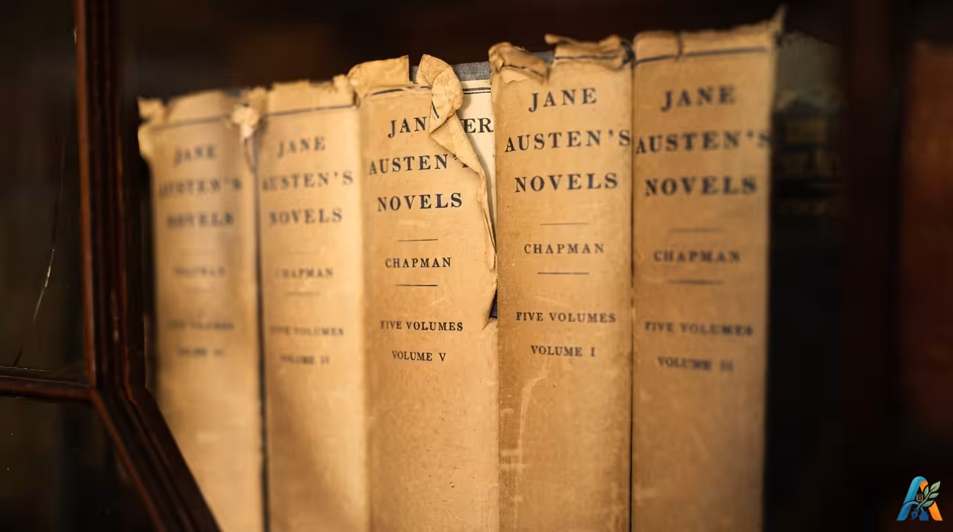 Deretan lima buku bersampul kertas cokelat yang sangat tua dan rusak di dalam lemari kaca, menampilkan judul "Jane Austen's Novels".