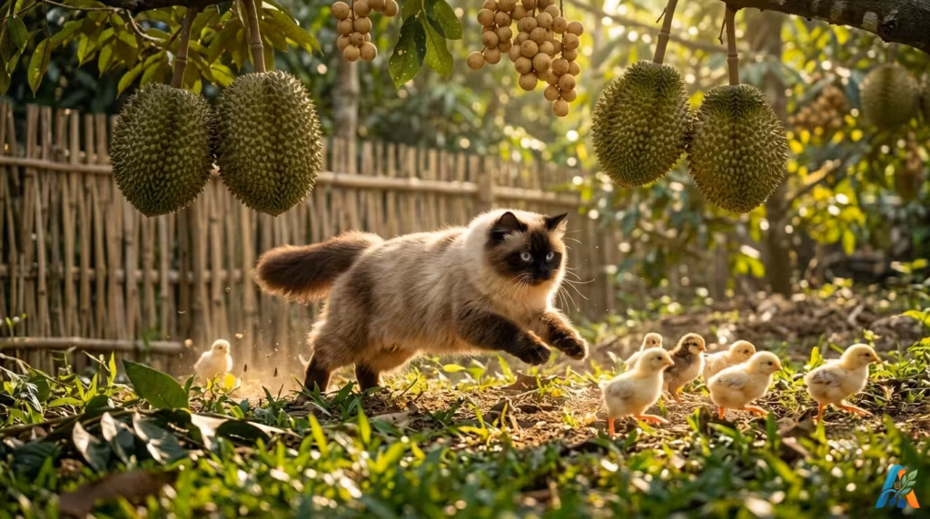 Seekor kucing Himalayan berbulu tebal melompat mengejar sekelompok anak ayam kuning di tanah berumput di bawah pohon durian dan duku yang berbuah.