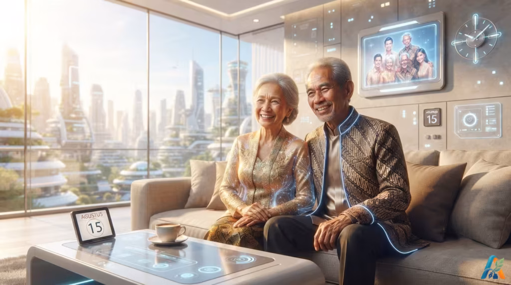 Pasangan lansia Indonesia tersenyum dalam pakaian tradisional di ruang tamu apartemen futuristik dengan pemandangan kota masa depan.