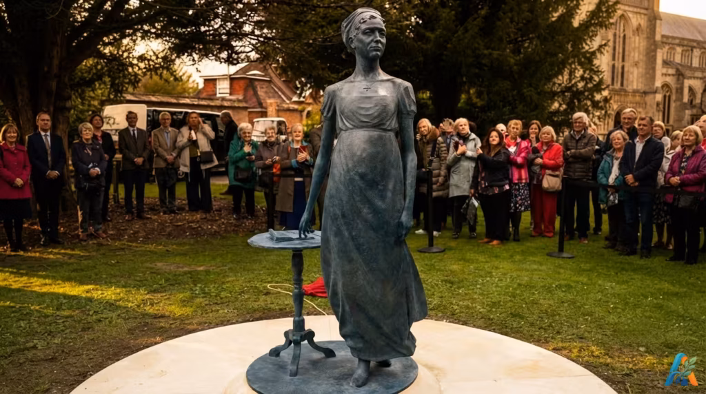 Patung perunggu Jane Austen berdiri di taman dekat Winchester Cathedral, dikelilingi oleh kerumunan penonton saat matahari terbenam.