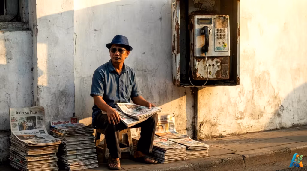 Seorang pria penjual koran duduk di trotoar di bawah cahaya keemasan di samping telepon umum tua.