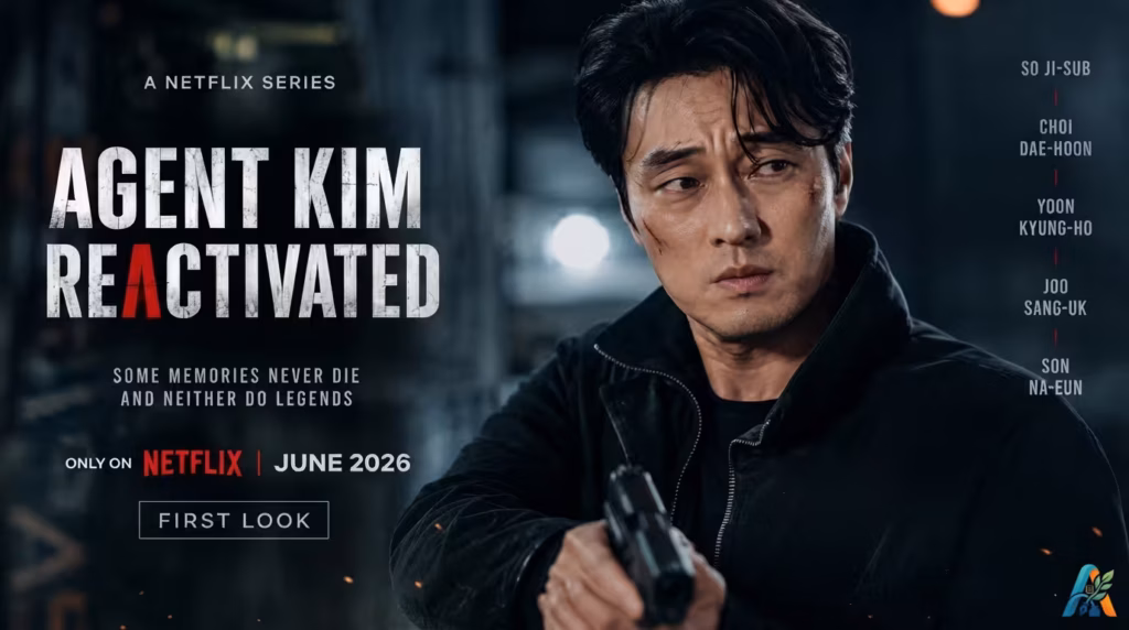 Poster serial Netflix Agent Kim Reactivated menampilkan aktor utama membawa senjata dengan latar belakang gelap dan sinematik.