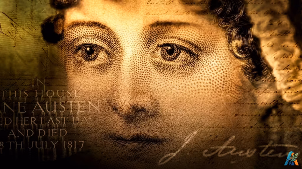 Potret close-up Jane Austen bergaya ukiran uang kertas dengan teks peringatan kematiannya di bawah pencahayaan keemasan hangat.