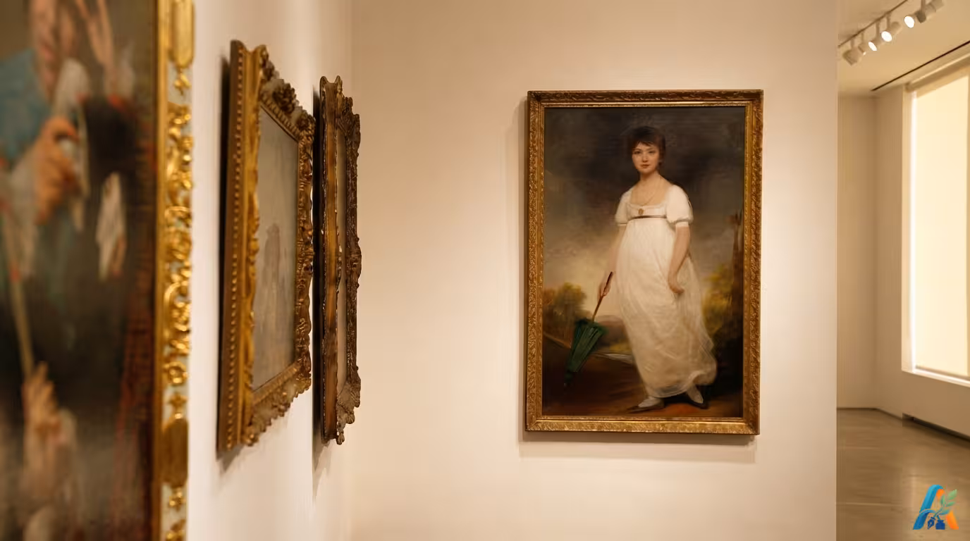 Potret minyak "The Rice Portrait" Jane Austen muda bergaun putih dengan payung hijau, dipajang di dinding galeri seni.