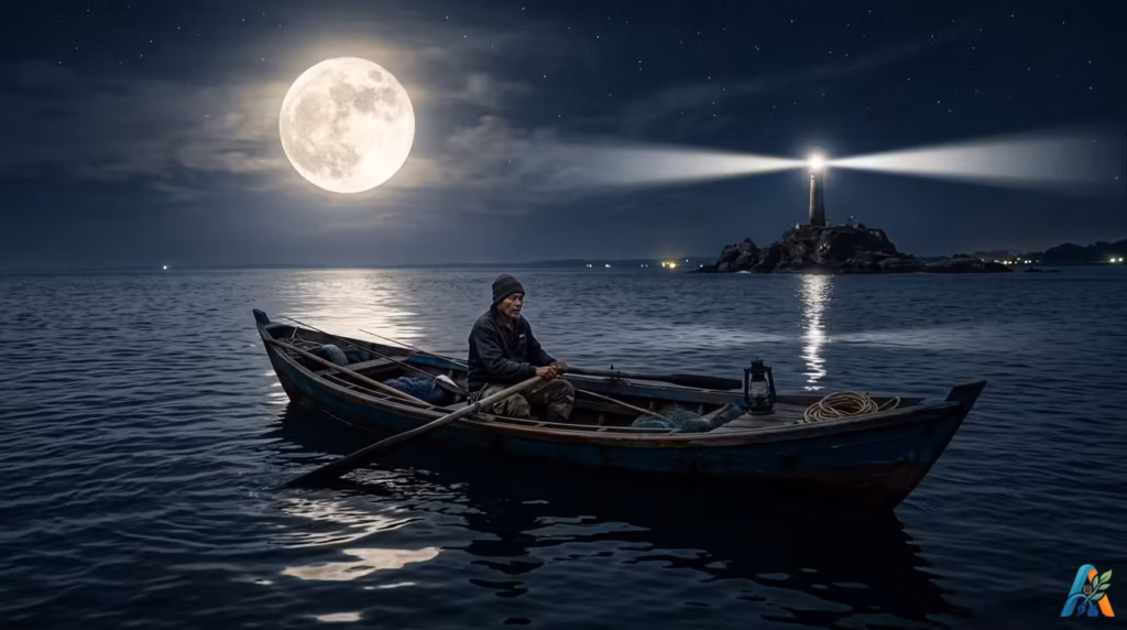 Foto seorang pria paruh baya mendayung perahu kayu sendirian di bawah bulan purnama besar dan cahaya mercusuar di latar belakang.