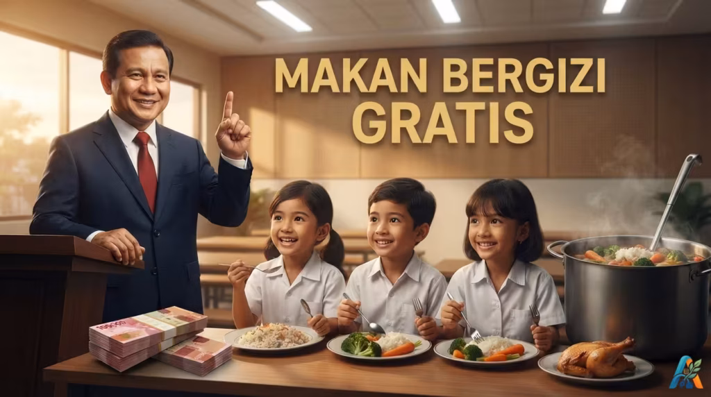 Seorang pria tersenyum di mimbar dengan tiga anak berseragam makan siang di depannya. Terdapat tumpukan uang tunai dan panci sup di atas meja.