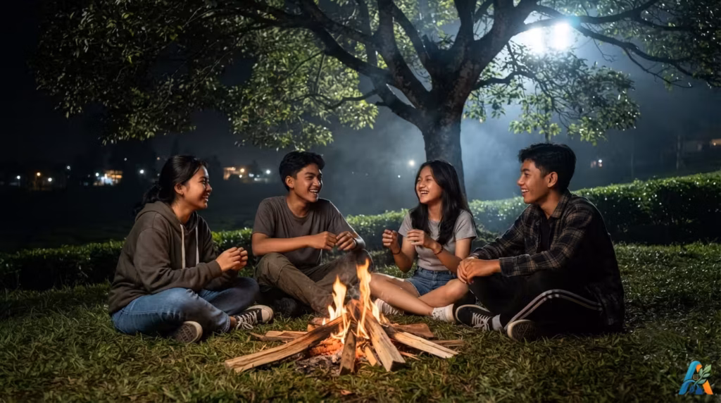 Empat remaja duduk melingkar di rumput menikmati kehangatan api unggun di malam hari di bawah pohon rindang di Puncak.