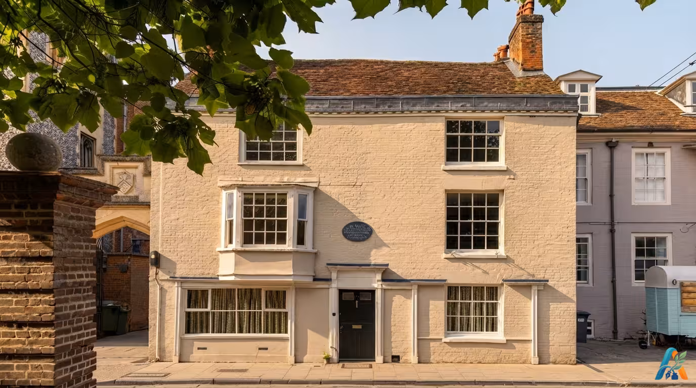 Fasad bata krem bersejarah dari rumah Jane Austen di Winchester College, Inggris, dengan plakat biru dan pohon di atasnya.