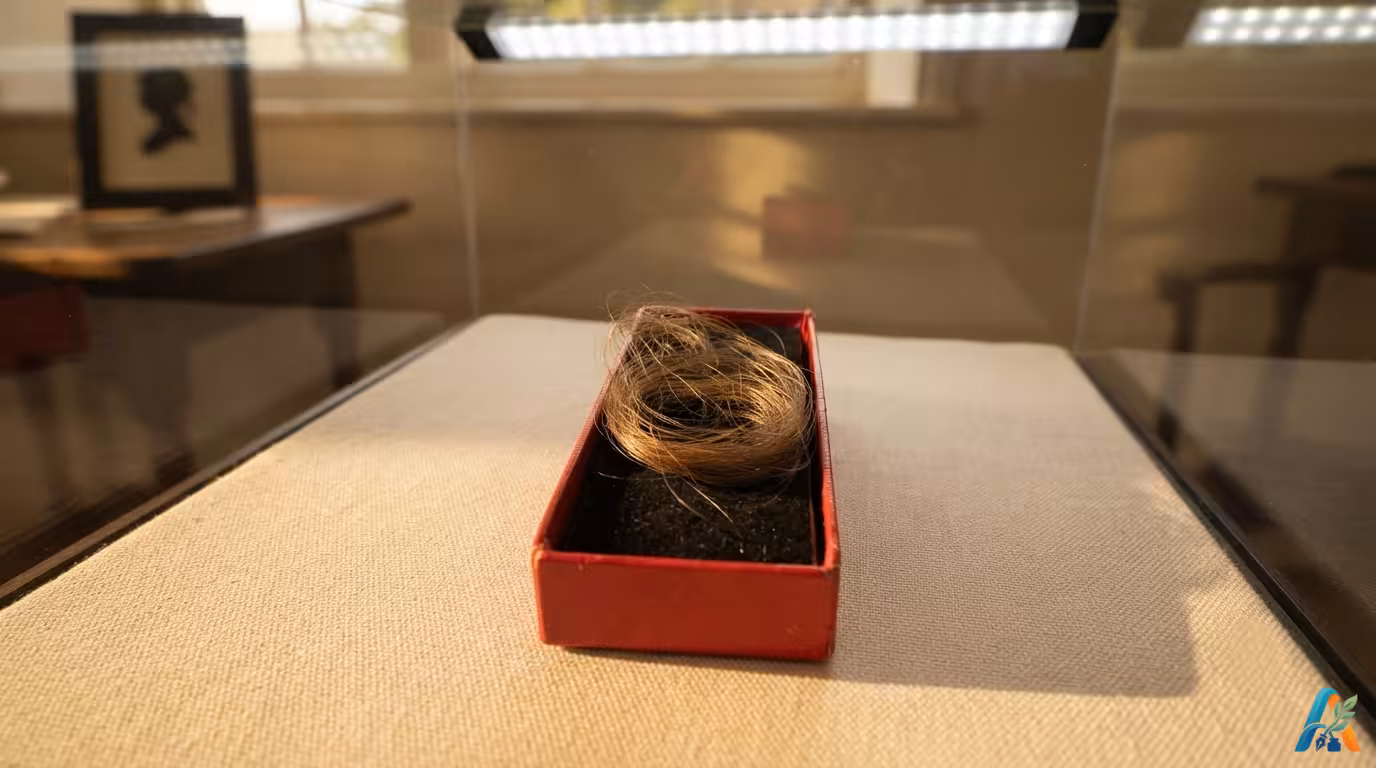 Sebuah kotak beludru merah memajang seikat rambut kecokelatan Jane Austen di dalam etalase museum dengan pencahayaan hangat.