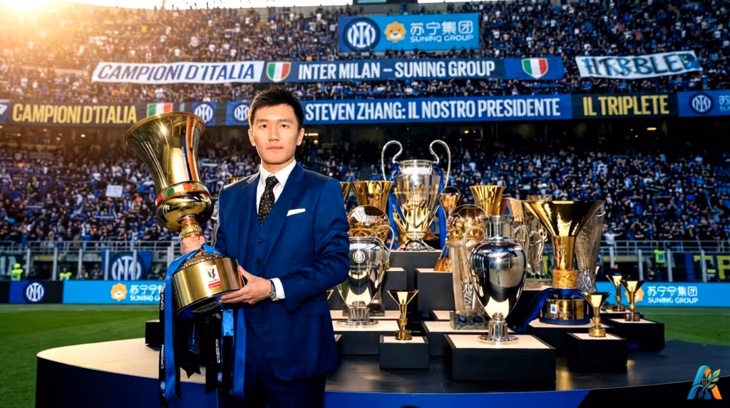 Presiden Inter Milan Steven Zhang memegang trofi Scudetto di lapangan San Siro, dikelilingi oleh piala-piala klub dan spanduk pendukung.