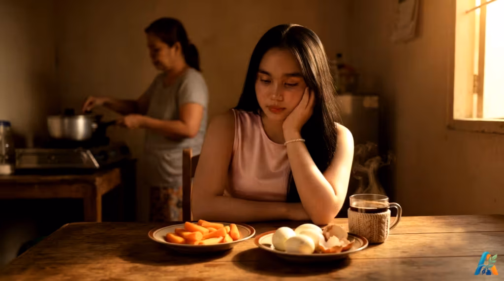 Seorang gadis muda berbaju pink menatap piring berisi telur rebus dan wortel di meja makan sederhana dengan ibunya memasak di latar belakang.