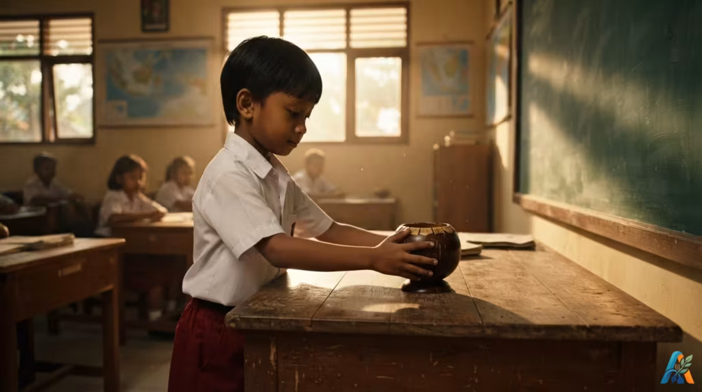 Tomi, berseragam merah putih meletakkan kerajinan batok kelapa di atas meja kelas yang disinari cahaya keemasan.