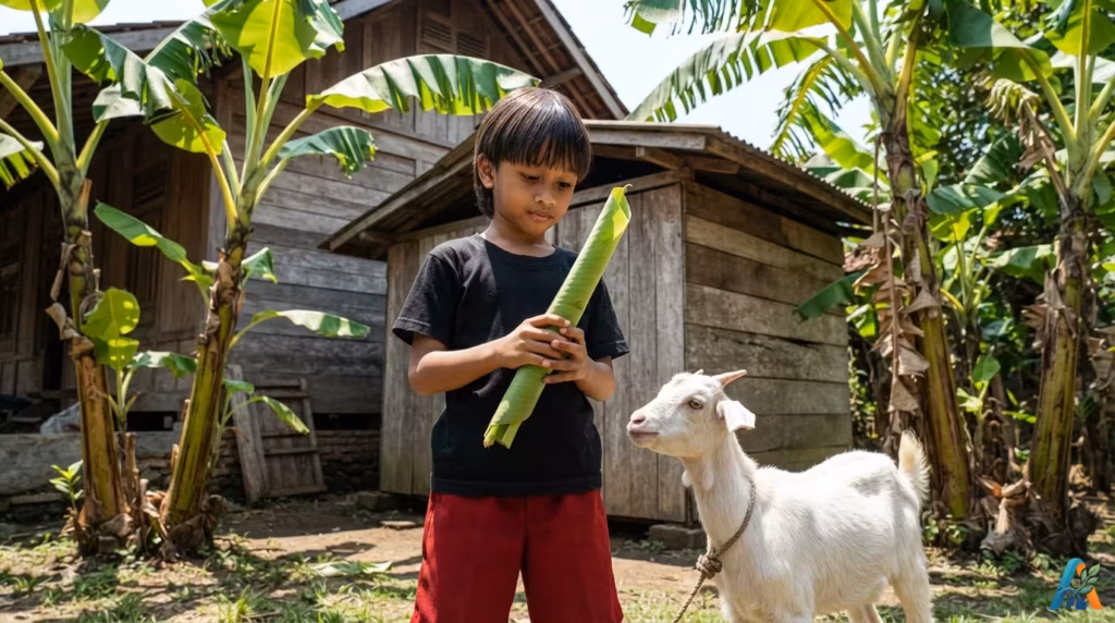 Tomi memberi makan daun pisang kepada kambing peliharaan di halaman belakang rumah