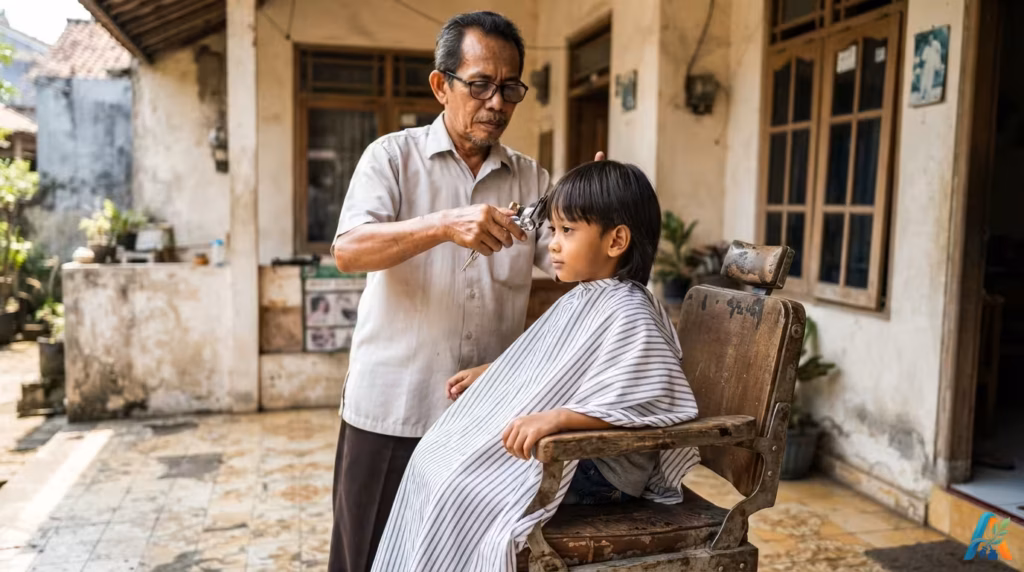 Seorang tukang cukur tua berkacamata mencukur rambut anak laki-laki di teras rumah.