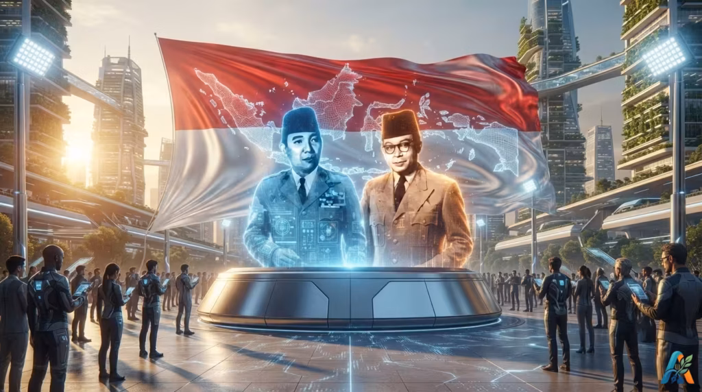Hologram Sukarno-Hatta dan peta Indonesia raksasa di alun-alun kota futuristik dengan latar belakang matahari terbenam keemasan.