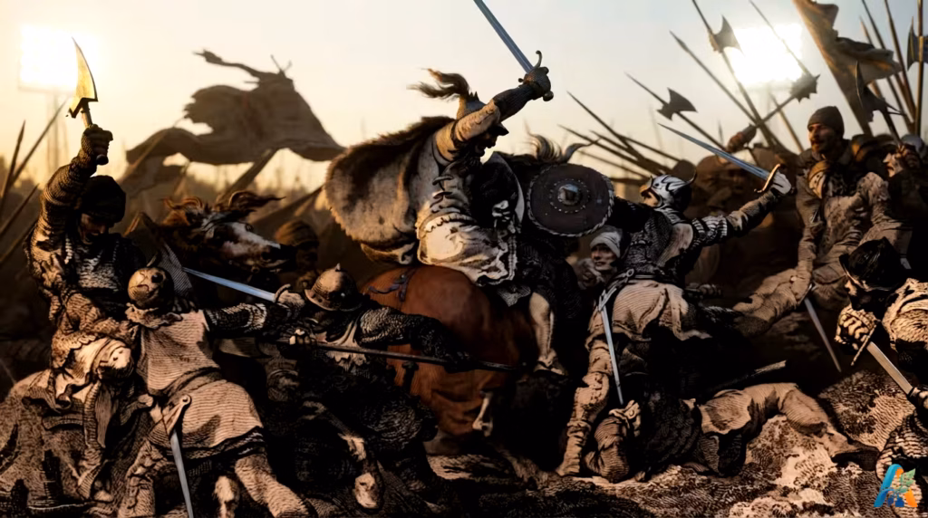 Ilustrasi dramatis Pertempuran Hastings 1066, William sang Penakluk di atas kuda dengan panji, melawan tentara Saxon.