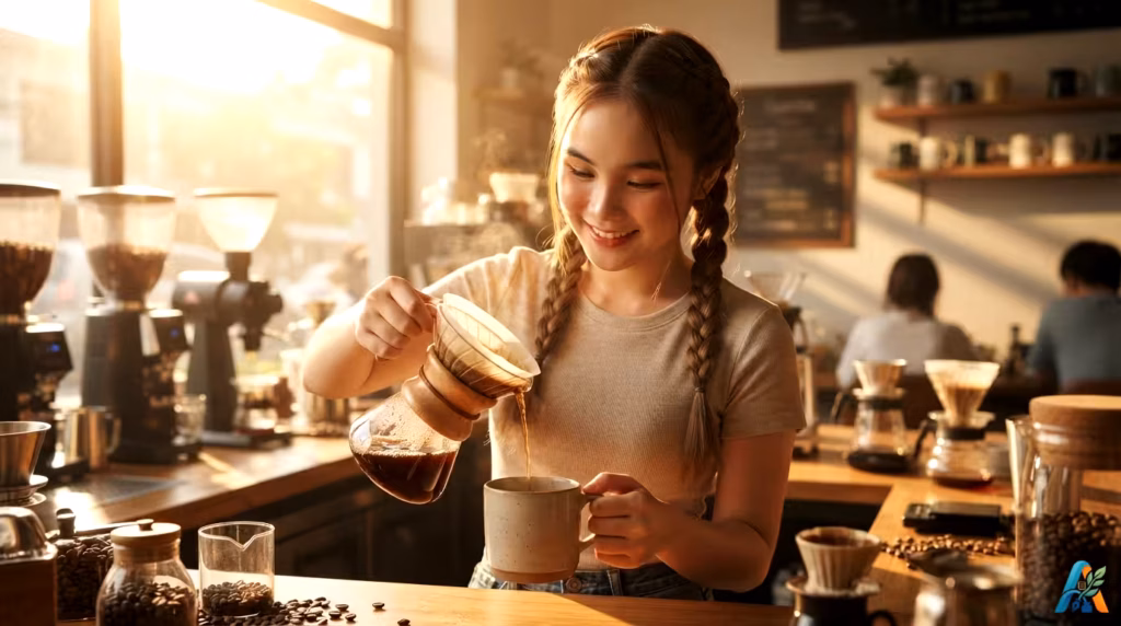 Seorang wanita berambut kepang dua menuangkan kopi dari teko kaca ke cangkir di kafe dengan pencahayaan senja.