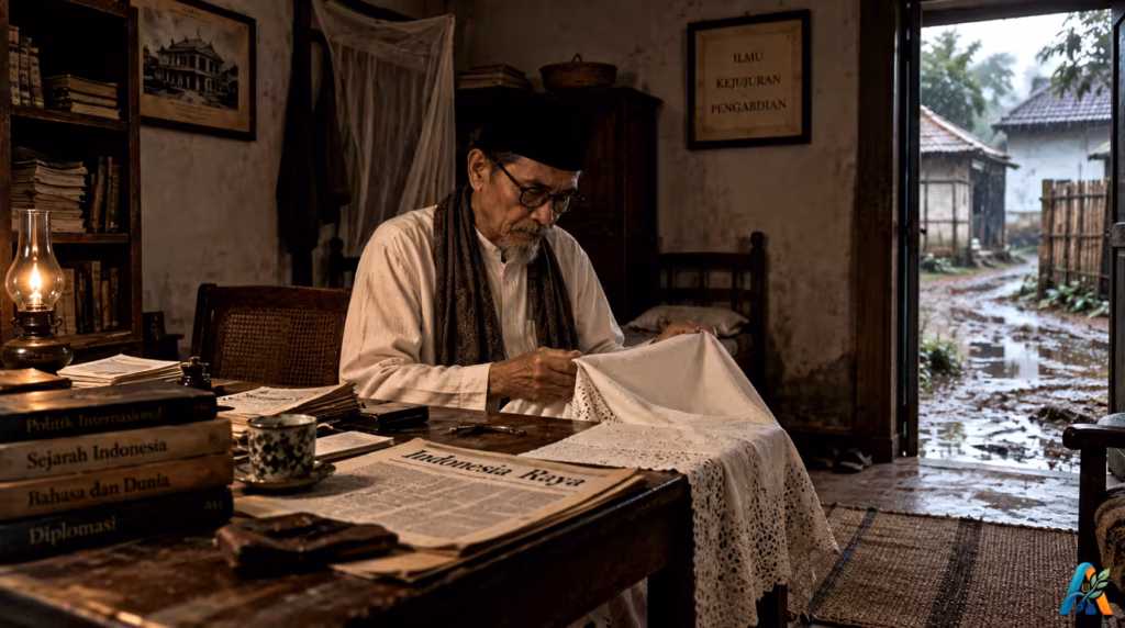 Haji Agus Salim duduk di ruang kerja sederhana sambil melipat kain, dengan meja penuh buku dan koran setelah hujan.