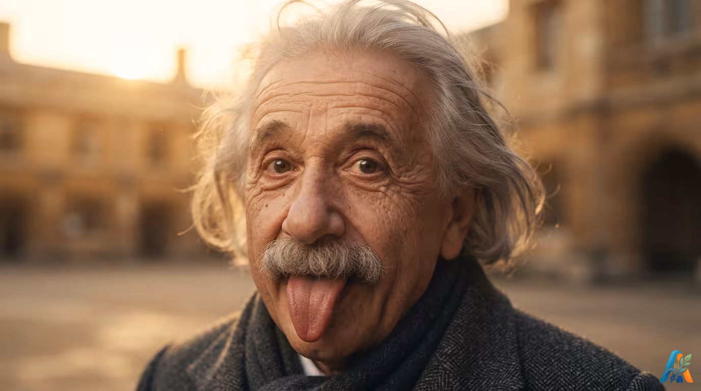 Potret fotorealistik Albert Einstein menjulurkan lidah, dengan latar belakang universitas saat golden hour.