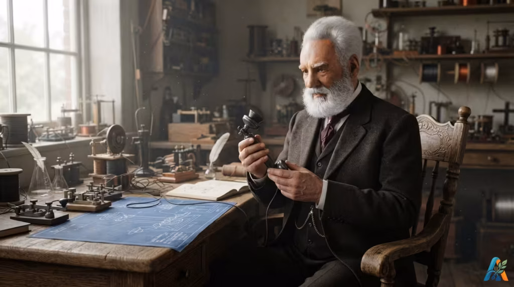 Alexander Graham Bell meneliti telepon prototipe di bengkelnya yang penuh dengan peralatan telegraf dan cetak biru.