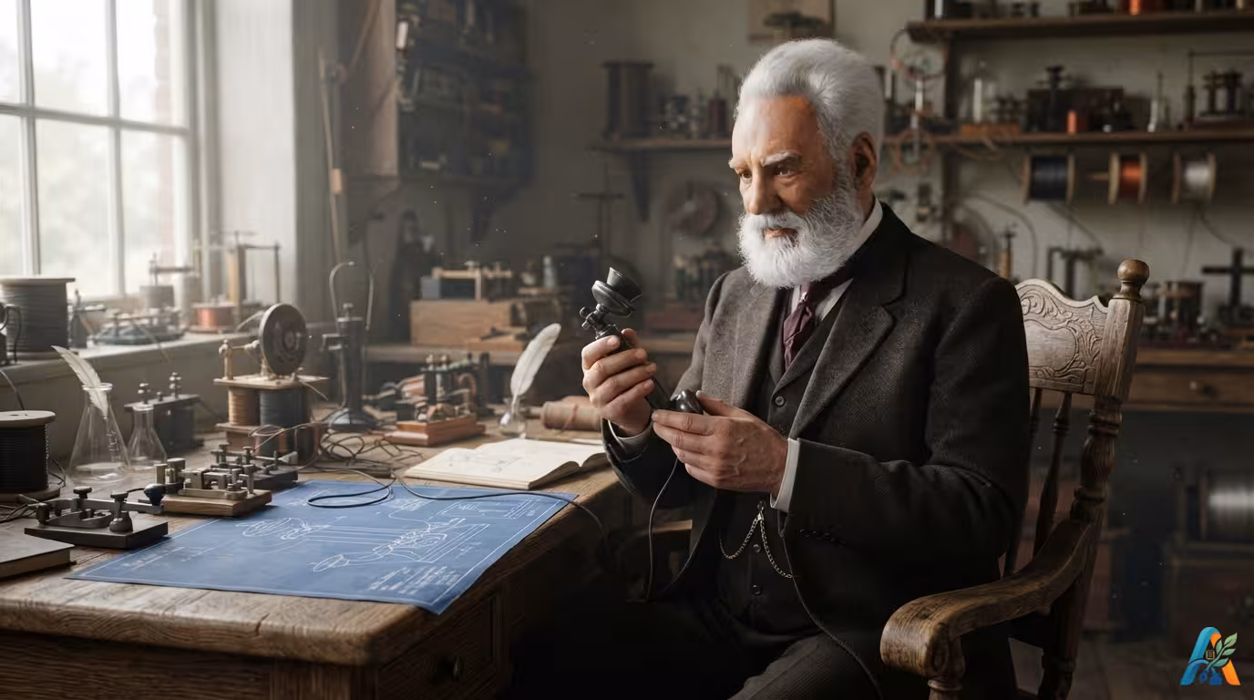 Alexander Graham Bell meneliti telepon prototipe di bengkelnya yang penuh dengan peralatan telegraf dan cetak biru.