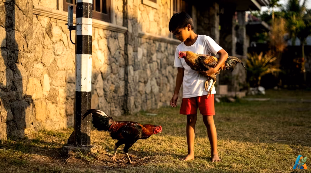 Anak laki-laki menggendong ayam jago di halaman rumah sambil memperhatikan ayam lain mencakar tanah.
