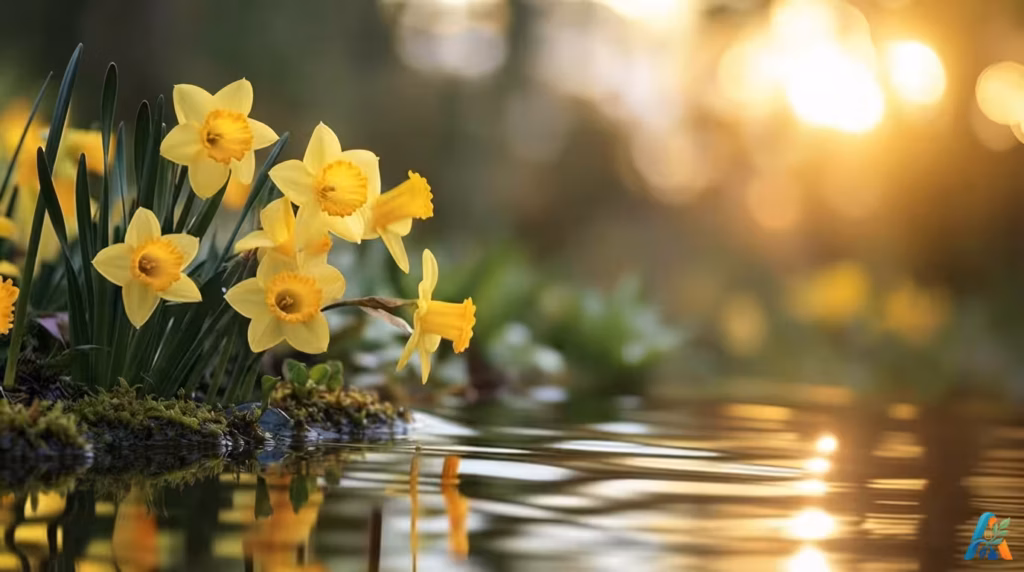 Kumpulan bunga bakung kuning (daffodil) di tepi kolam saat matahari terbenam keemasan.