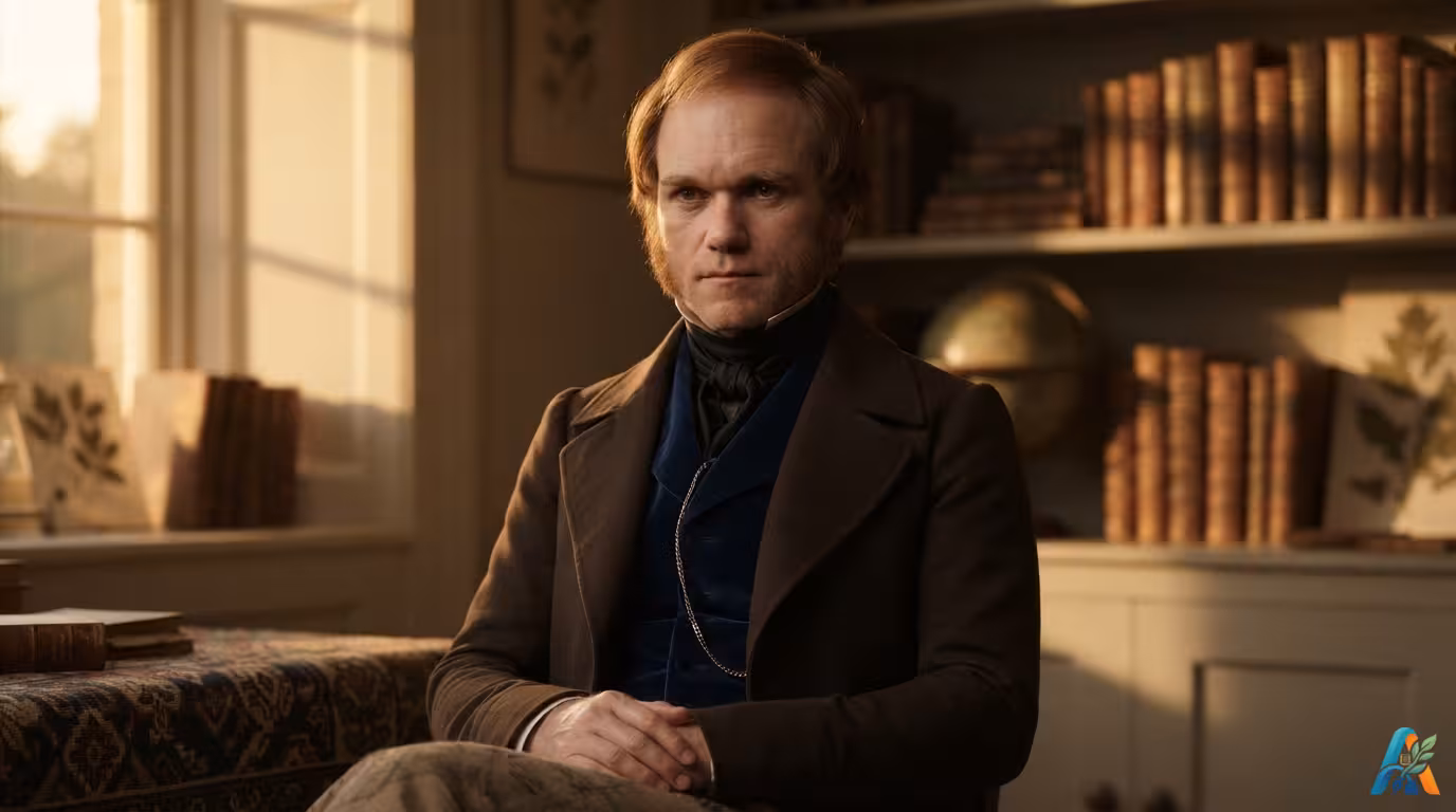 Potret fotorealistik Charles Darwin muda, duduk di ruang kerjanya saat golden hour dengan latar belakang rak buku dan cahaya jendela.