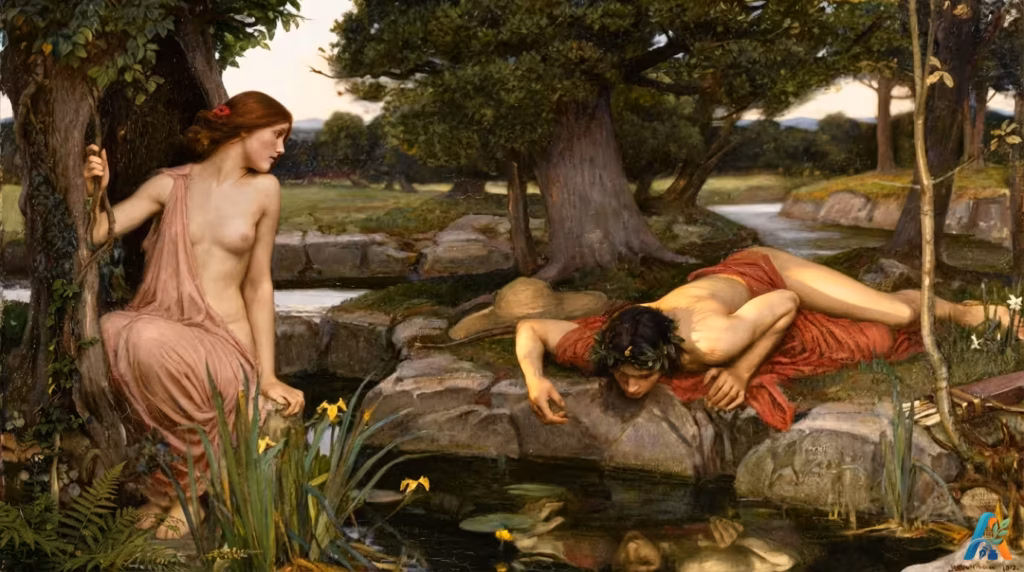 Lukisan karya J.W. Waterhouse, "Echo and Narcissus" (1903), yang menggambarkan nimfa Echo mengamati Narcissus yang terpesona oleh bayangannya di kolam hutan.