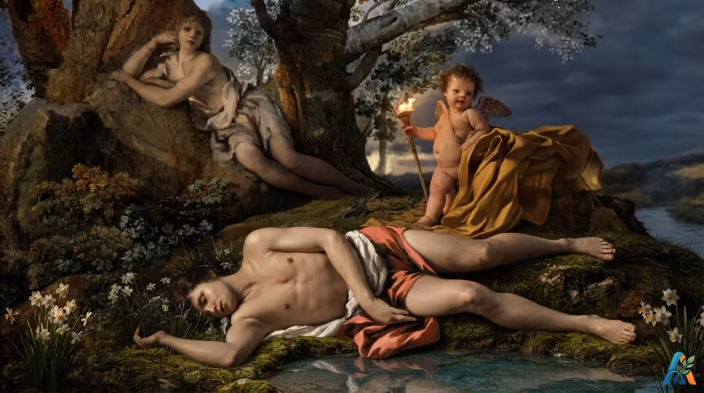 Lukisan Neoklasik Echo dan Narcissus oleh Nicolas Poussin, menampilkan nimfa bersedih dan pemuda yang telah mati di tepi kolam.