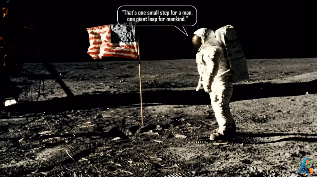 Neil Armstrong di bulan di samping bendera AS dengan gelembung ucapan 'That's one small step...'