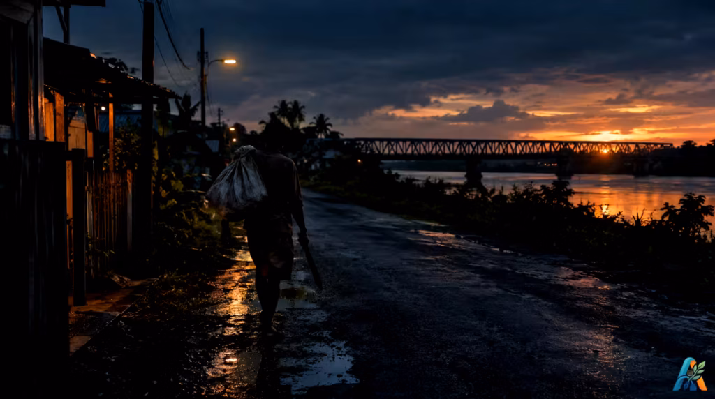 Pria membawa karung dan parang berjalan di jalan basah dekat Jembatan Maro saat senja di Merauke, Papua.