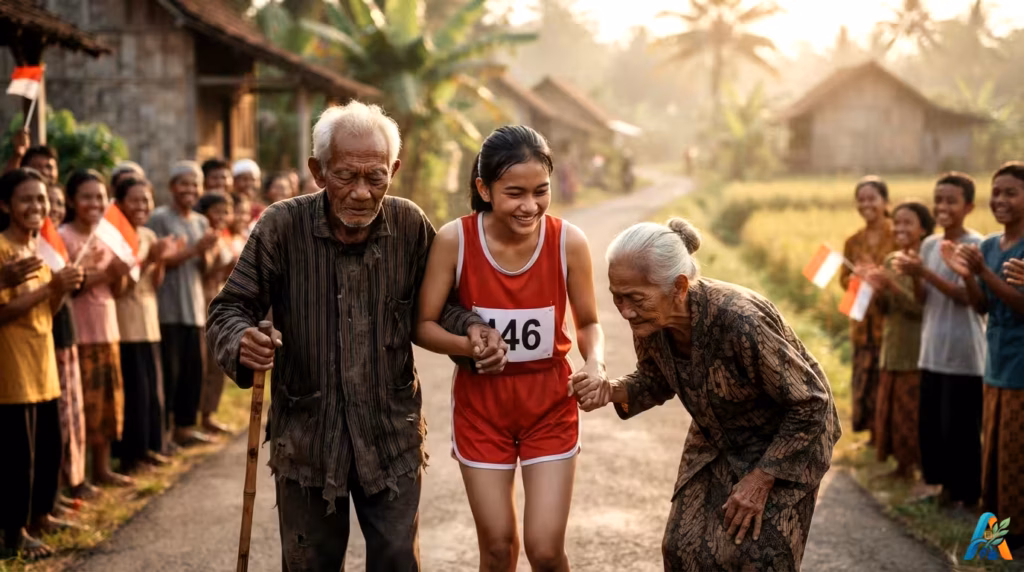 Gadis pelari Indonesia (nomor 46) membimbing seorang kakek buta dan nenek bungkuk dalam lomba di desa, disaksikan penonton.